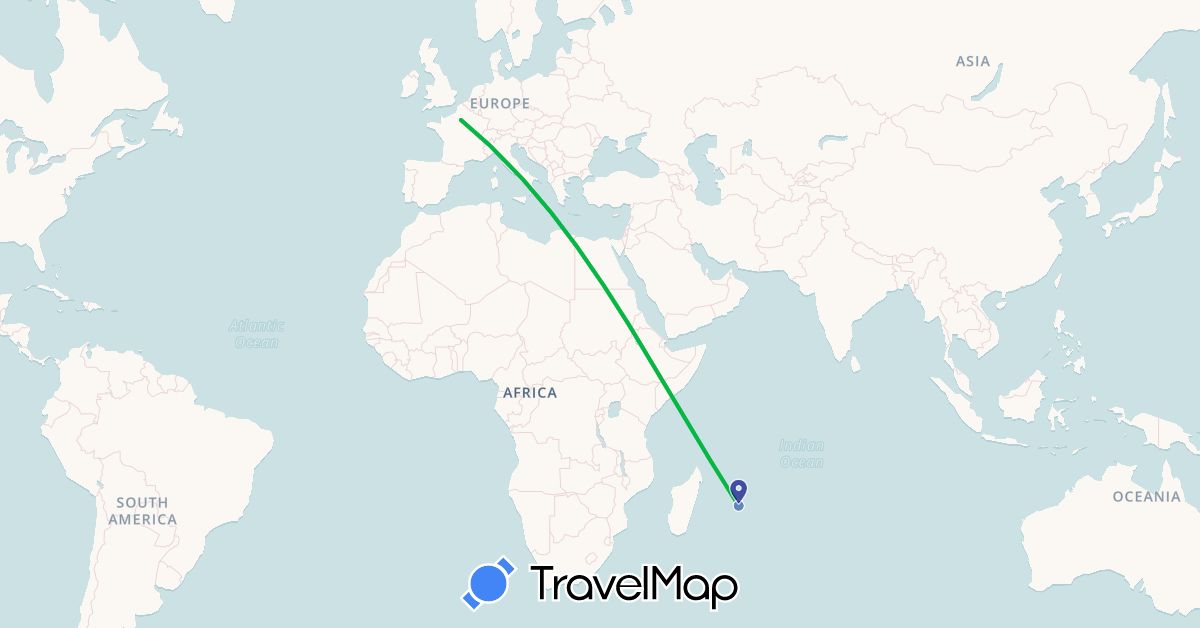 TravelMap itinerary: driving, bus, plane, cycling, boat in France, Mauritius (Africa, Europe)