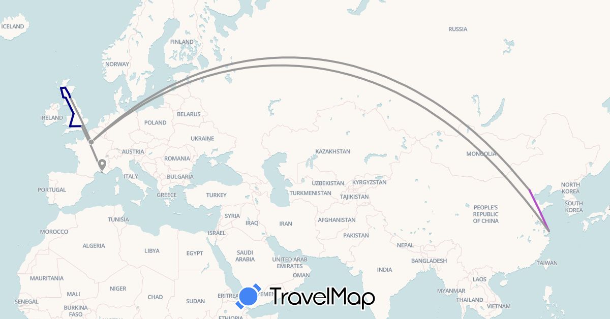 TravelMap itinerary: driving, plane, train in China, France, United Kingdom (Asia, Europe)